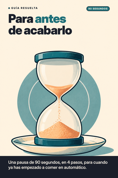 Portada de Para antes de acabarlo: reloj de arena sobre un plato, pausa de 90 segundos