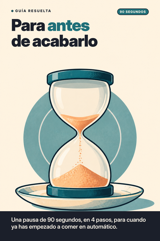 Portada de Para antes de acabarlo: reloj de arena sobre un plato, pausa de 90 segundos