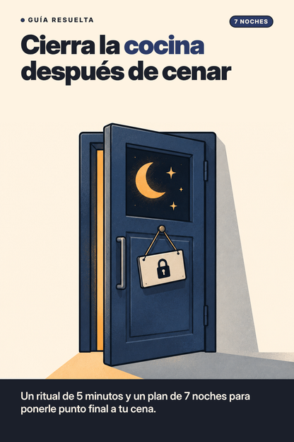 Portada de Cierra la cocina después de cenar: puerta de cocina cerrada de noche con luna y candado
